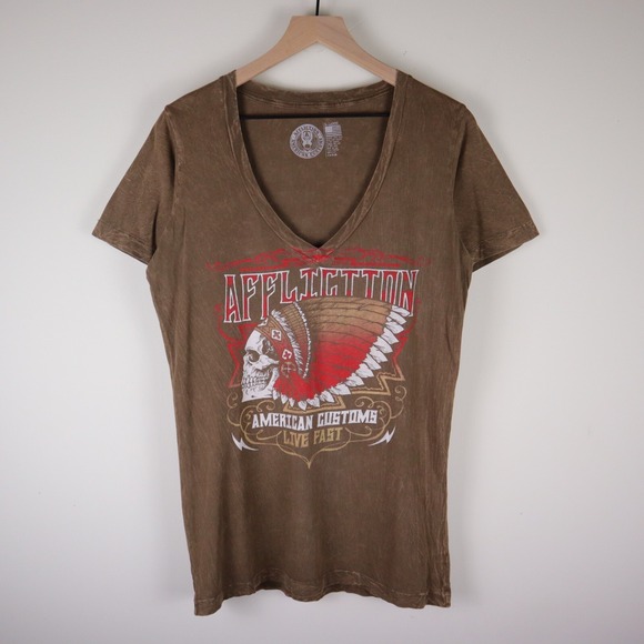 Affliction Tops - Affliction Indian Head Skull V-Neck Women's Shirt Brown Size XL 18.5x29.5